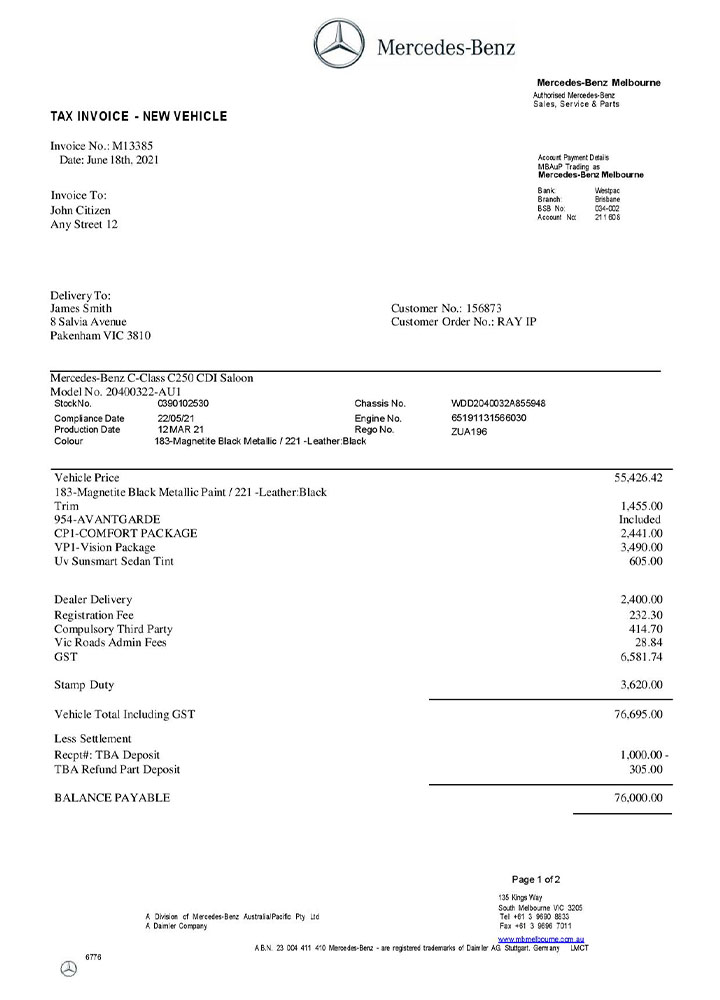 USA Mercedes Benz invoice template PSD template